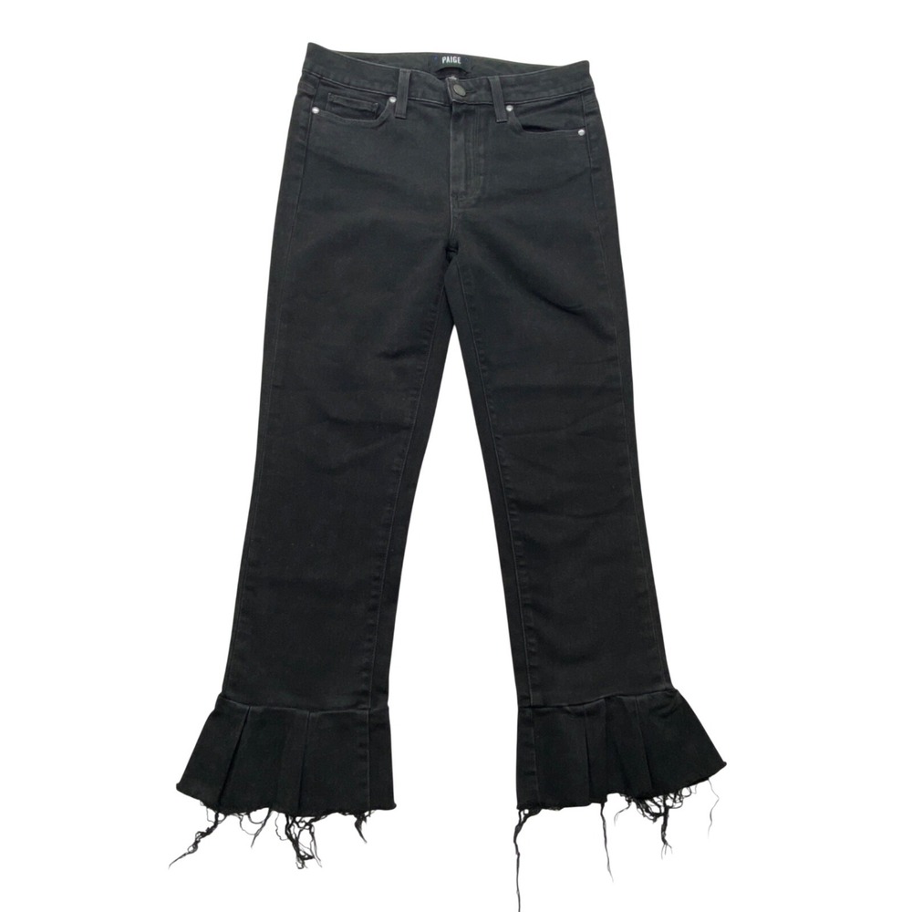 Paige Jeans Womens 27x26 Black Mid Rise Flare Crop Fringe Ruffle Hem Stretch